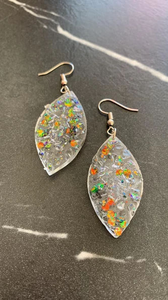 Şeffaf Epoksi İçine Renki Glitter Süsleme Kristal Desen Elips Şekil Gümüş Aksesuarlı Küpe El Yapımı - 6