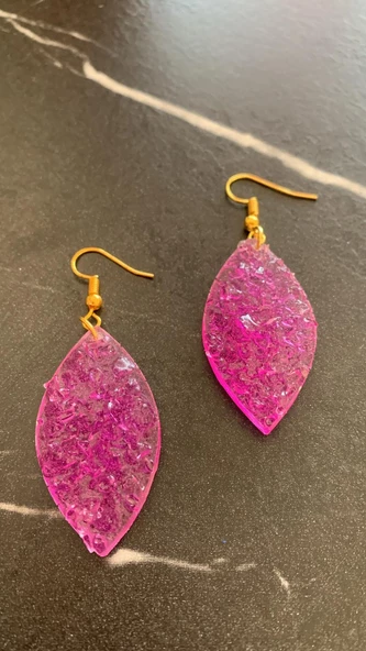 Parlak Mor Renkli Kristal Desen Elips Şekil Gümüş Aksesuarlı Küpe Eposi El Yapımı Hediyelik - Resim 6