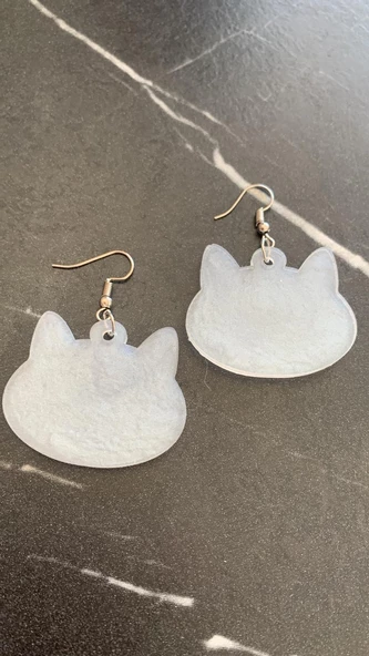 Parlak Beyaz Sedef Renkli Simli Gümüş Aksesuarlı Kedi köpek Yüzü Küpe El Yapımı Epoksi Hediyelik - 8