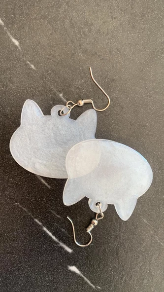 Parlak Beyaz Sedef Renkli Simli Gümüş Aksesuarlı Kedi köpek Yüzü Küpe El Yapımı Epoksi Hediyelik - 4