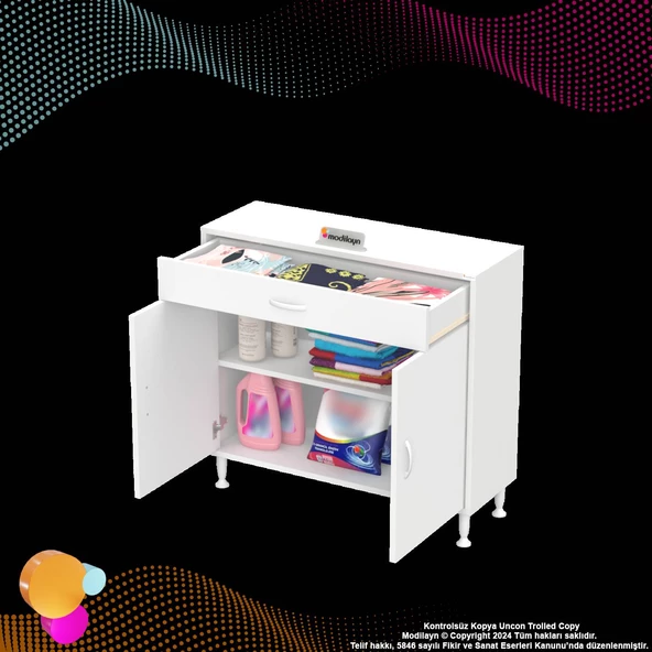 Modilayn EMİR 100x88x32,5 cm 1 Çekmece 2 Kapak 1 Raf 2 Bölme Çok Amaçlı Banyo & Mutfak Dolabı  - 7