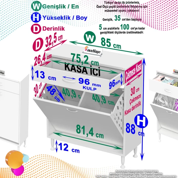 Modilayn EMİR 85x88x32,5 cm 2 Göz Sepetli kirli çamaşır pratik çok fonksiyonlu  dolap - Resim 4