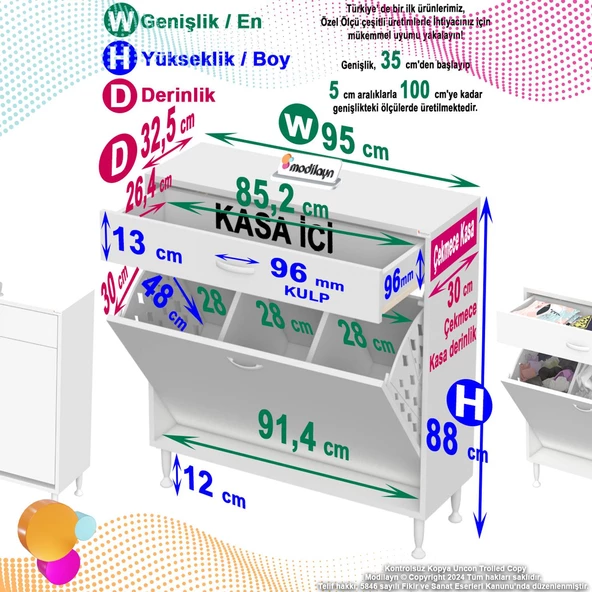 Modilayn EMİR 95x88x32,5 cm 3 Göz Sepetli kirli çamaşır pratik  düzenleyici dolap - Resim 4