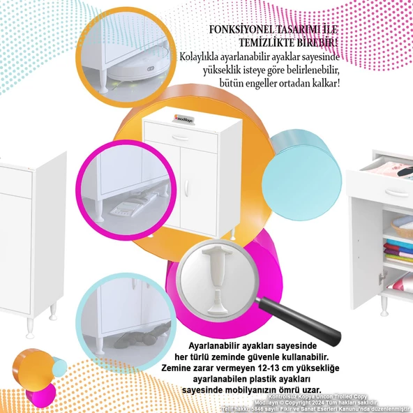 Modilayn EMİR 70 x 88 x 32,5 cm 1 Çekmece 2 Kapak 3 Raf 4 Bölme Çok Amaçlı Banyo & Mutfak Dolabı  - 8