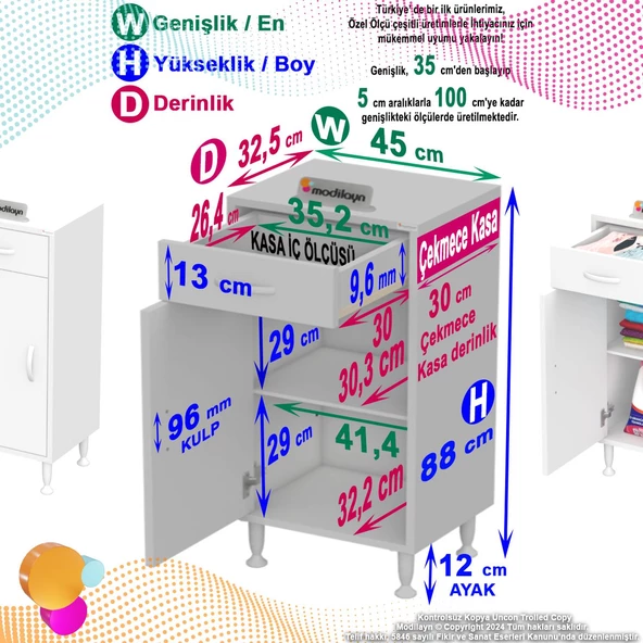 Modilayn EMİR 45x88x32,5 cm 1 Çekmece 1 Kapak 1 Raf 2 Bölme Çok Amaçlı Banyo & Mutfak Dolabı - 4