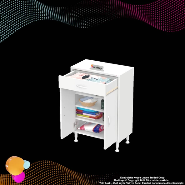 Modilayn EMİR 60 x 88 x 32,5 cm Çok Amaçlı 1 Çekmece 2 Kapaklı 3 Raf 4 Bölmeli Dolap - 7