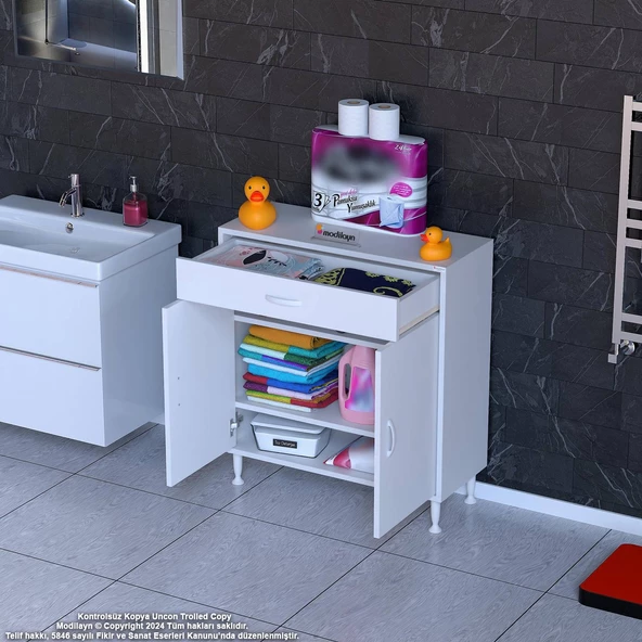Modilayn EMİR 75 x 88 x 32,5 cm 1 Çekmece 2 Kapak 2 Raf 3 Bölme Çok Amaçlı Banyo & Mutfak Dolabı 