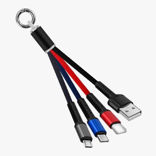 Petinka Şarj Kablosu 3 'in 1 USB Çıkışlı Mİikro TYPE-C 8pin Uyumlu Işıklı Anahtarlık Model