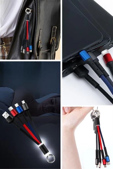 Petinka Şarj Kablosu 3 'in 1 USB Çıkışlı Mİikro TYPE-C 8pin Uyumlu Işıklı Anahtarlık Model - 11