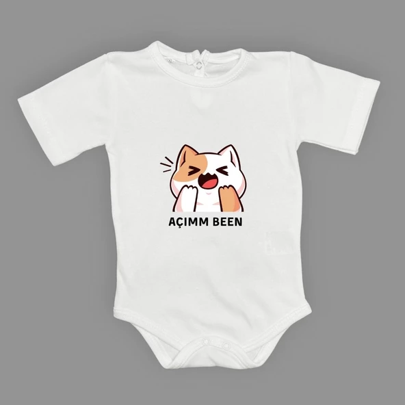 Açım Ben Kedi Baskılı Bebek Body Zıbın Çıtçıtlı Badi MNK0631 - 6