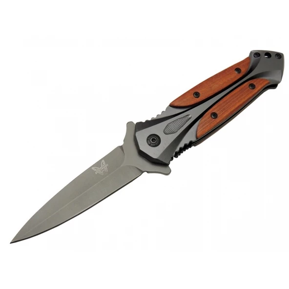 Benchmade DA27B Gri Sivri Kamp Çakı 20cm - Yarı Otomatik, Kemerlikli, Kutulu, Ahşap - Metal Sap