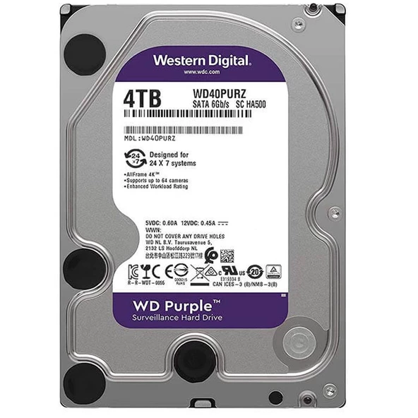 WESTERN DIGITAL PURPLE WD40PURZ/WD42PURZ 4 TB SATA 6GB/S 7/24 GÜVENLİK HARDDISK (4593)