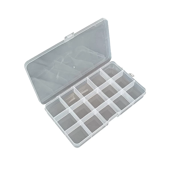 15 Bölmeli Kolye, Yüzük, Takı Düzenleyici Organizer Plastik Şeffaf Kutu 10x17x2cm