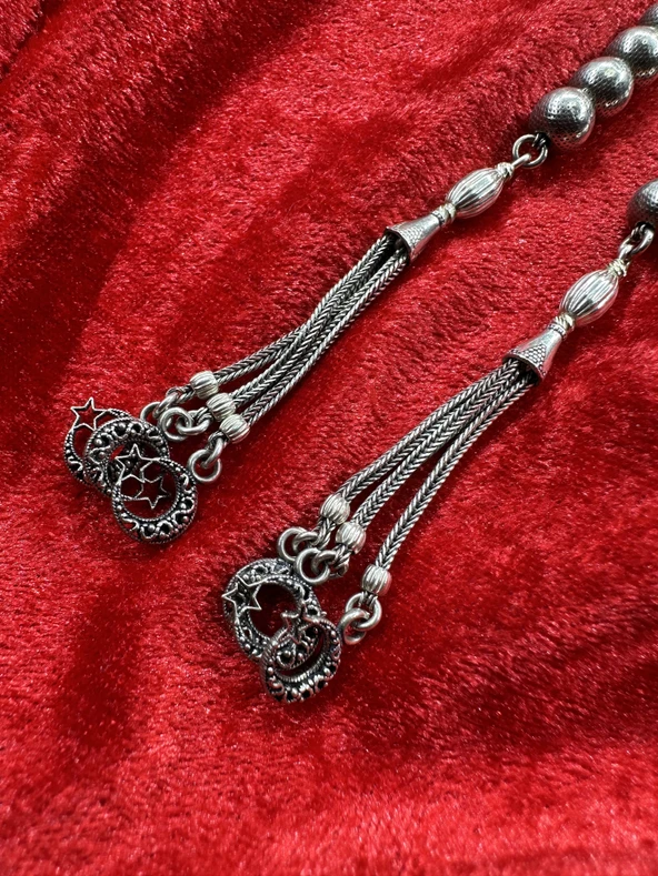 Gümüş Zaza Tesbihi 925 Ayar Uzun Tesbih Tek Sıra Gümüş Püsküllü - Resim 2