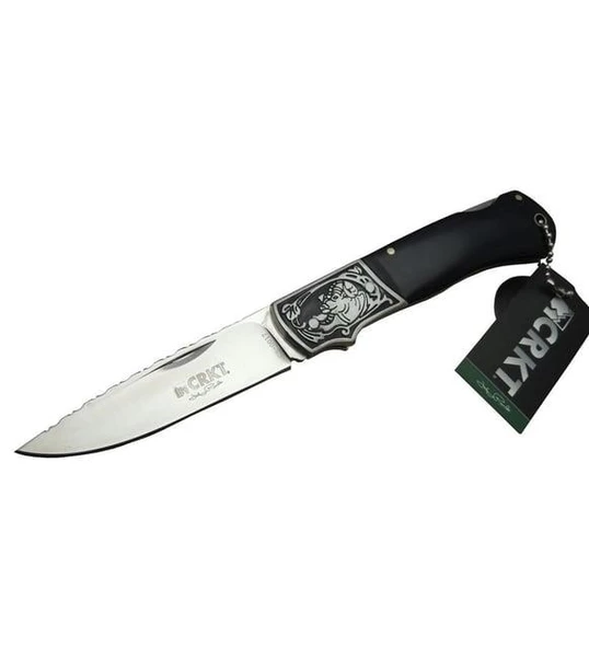 CRKT CR-0017 Gravürlü Siyah Ahşap Kabzalı Lock Back Avcı Çakısı- Kılıflı