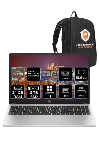 HP 255 G10 Ryzen 5 7530U 24GB RAM 2TB SSD 15.6'' FHD W11HOME 8A547EA & PER4 ÇANTA