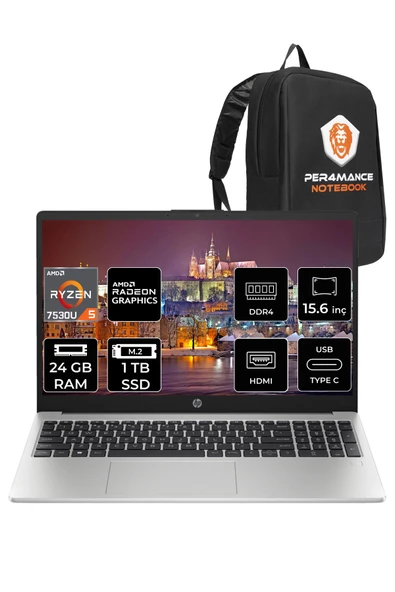 HP 255 G10 Ryzen 5 7530U 24GB RAM 1TB SSD 15.6'' FHD FDOS 8A547EA & PER4 ÇANTA