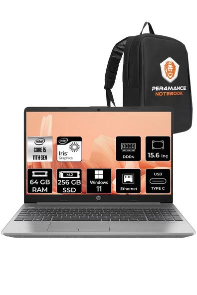 HP 250 G8 i5 1135G7 64GB RAM 256GB SSD 15.6'' FHD W11PRO 853U8ES & PER4 ÇANTA