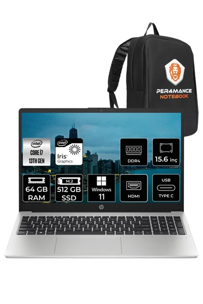 HP 250 G10 Intel Core i7 1355U 64GB RAM 512GB SSD 15.6'' FHD W11HOME 8A541EA & PER4 ÇANTA ürün görseli