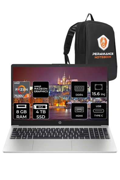 HP 255 G10 Ryzen 5 7530U 8GB RAM 4TB SSD 15.6'' FHD FDOS 8A547EA & PER4 ÇANTA ürün görseli 1