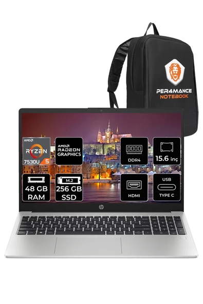 HP 255 G10 Ryzen 5 7530U 48GB RAM 256GB SSD 15.6'' FHD FDOS 8A547EA & PER4 ÇANTA ürün görseli 1