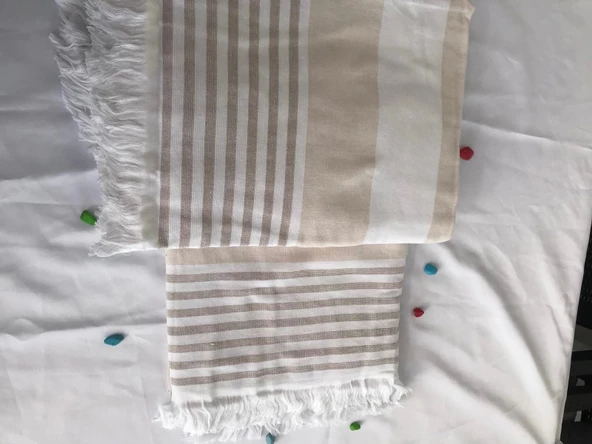 NİVEMESHOME KAHVE-BEYAZ ÇİZGİLİ PÜSKÜLLÜ PLAJ HAVLUSU - 5