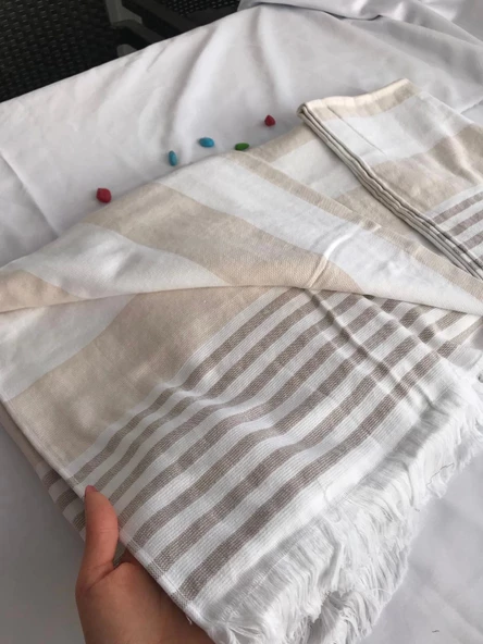 NİVEMESHOME KAHVE-BEYAZ ÇİZGİLİ PÜSKÜLLÜ PLAJ HAVLUSU - 11