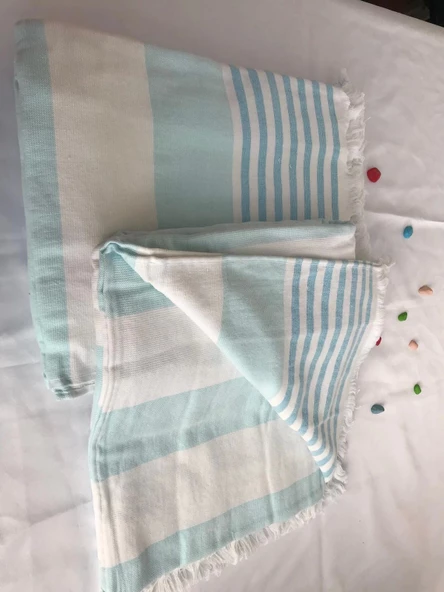 NİVEMESHOME TURKUAZ-BEYAZ ÇİZGİLİ PÜSKÜLLÜ PLAJ HAVLUSU - 6