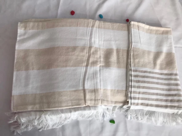 NİVEMESHOME KAHVE-BEYAZ ÇİZGİLİ PÜSKÜLLÜ PLAJ HAVLUSU - 2