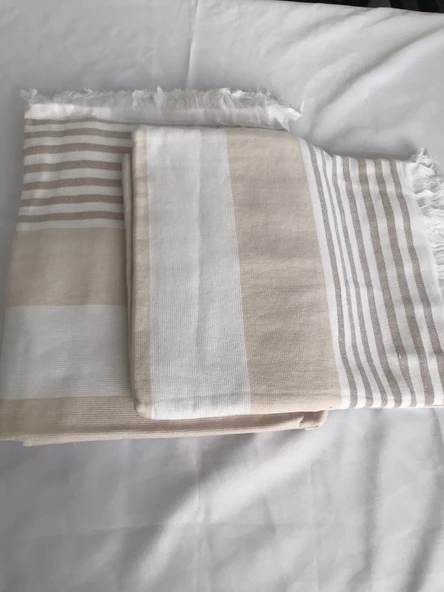 NİVEMESHOME KAHVE-BEYAZ ÇİZGİLİ PÜSKÜLLÜ PLAJ HAVLUSU - 3