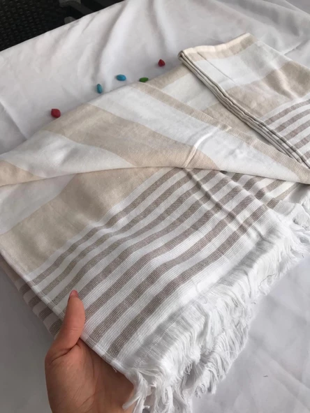 NİVEMESHOME KAHVE-BEYAZ ÇİZGİLİ PÜSKÜLLÜ PLAJ HAVLUSU - 4