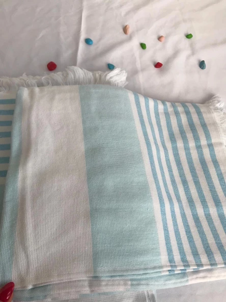 NİVEMESHOME TURKUAZ-BEYAZ ÇİZGİLİ PÜSKÜLLÜ PLAJ HAVLUSU - 5