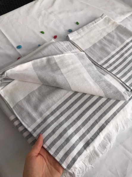 NİVEMESHOME KURŞUN-BEYAZ ÇİZGİLİ PÜSKÜLLÜ PLAJ HAVLUSU - 3