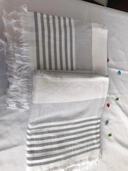 NİVEMESHOME KURŞUN-BEYAZ ÇİZGİLİ PÜSKÜLLÜ PLAJ HAVLUSU - 11