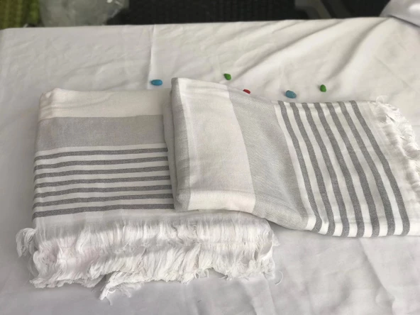 NİVEMESHOME KURŞUN-BEYAZ ÇİZGİLİ PÜSKÜLLÜ PLAJ HAVLUSU - 5