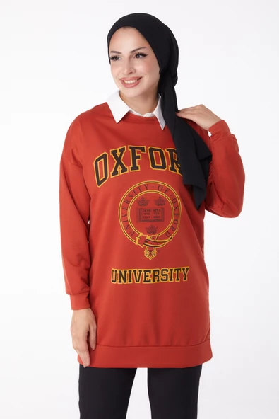 Düz Bisiklet Yaka Kadın Kiremit Baskılı Sweatshirt - 13281