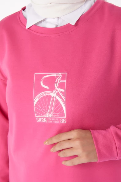 Düz Bisiklet Yaka Kadın Fuşya Sweat - 26202 - 5