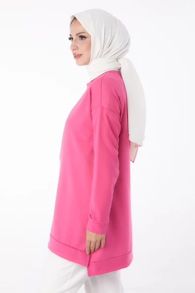 Düz Bisiklet Yaka Kadın Fuşya Sweat - 26202 - 3