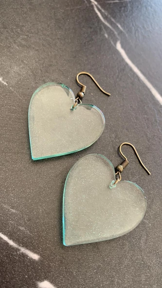 Transparan Su Yeşili Renkli Antik Sarı Aksesuar Büyük Kalp Şekil Epoksi Küpe El Yapımı Hediyelik - Resim 6