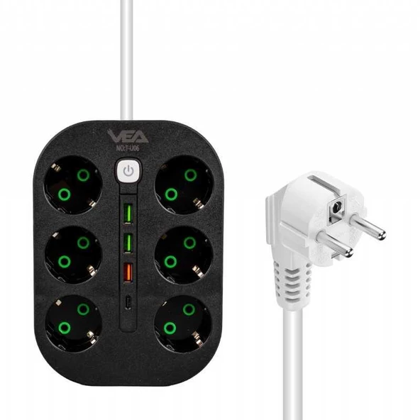 Vea 6 Priz  3 USB'li Siyah Grup Priz - 1