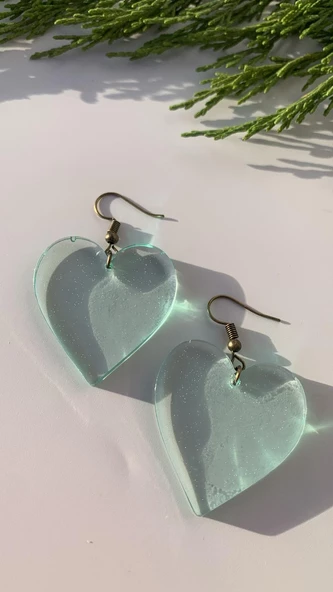 Transparan Su Yeşili Renkli Antik Sarı Aksesuar Küçük Kalp Şekil Epoksi Küpe El Yapımı Hediyelik - Resim 5