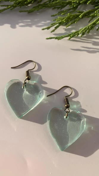 Transparan Su Yeşili Renkli Antik Sarı Aksesuar Küçük Kalp Şekil Epoksi Küpe El Yapımı Hediyelik - Resim 7