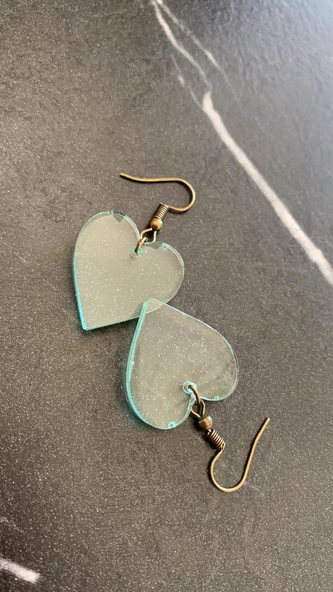 Transparan Su Yeşili Renkli Antik Sarı Aksesuar Küçük Kalp Şekil Epoksi Küpe El Yapımı Hediyelik - Resim 4