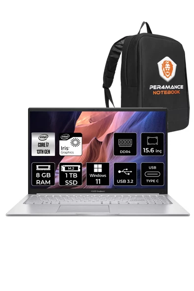 ASUS Vivobook 15 X1504VA i7 1355U 8GB RAM 1TB SSD 15.6'' FHD W11HOME NJ195W & PER4 ÇANTA ürün görseli