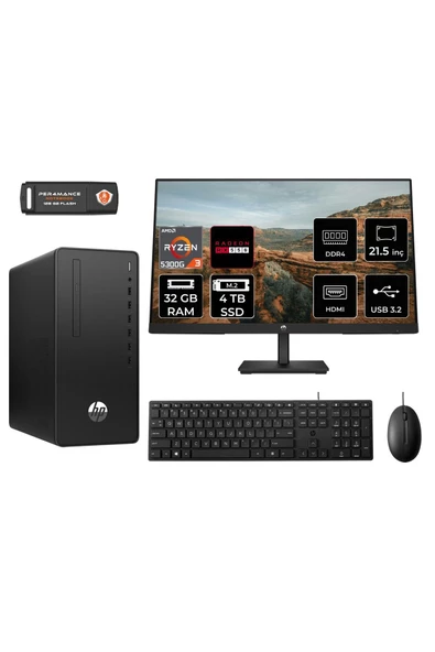 HP PRO TOWER 295 G9 MA13EAD180 R3 5300G 32GB RAM 4TB SSD RX550 4GB 21.5" FDOS MASAÜSTÜ PC