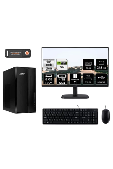 ACER ASPİRE TC1760 MDT004D405 i3 12100 8GB RAM 4TB SSD GT730 4GB 21.5" W11P MASAÜSTÜ PC