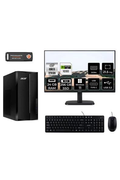 ACER ASPİRE TC1760 MDT004D571 i3 12100 24GB RAM 256GB SSD GT1030 4GB 21.5" W11P MASAÜSTÜ PC