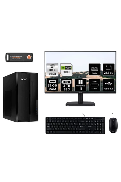ACER ASPİRE TC1760 MDT004D579 i3 12100 32GB RAM 2TB SSD GT1030 4GB 21.5" W11P MASAÜSTÜ PC