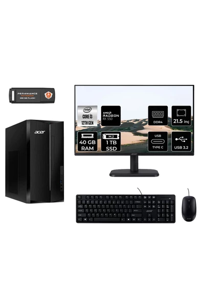ACER ASPİRE TC1760 MDT004D188 i3 12100 40GB RAM 1TB SSD RX550 4GB 21.5" FDOS MASAÜSTÜ PC