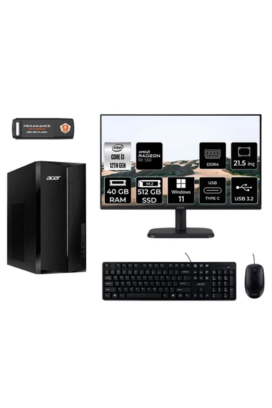 ACER ASPİRE TC1760 MDT004D237 i3 12100 40GB RAM 512GB SSD RX550 4GB 21.5" W11H MASAÜSTÜ PC